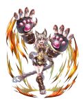  1girl animal_ears bangs breasts claw_(weapon) claws collar erun_(granblue_fantasy) gloves granblue_fantasy hair_between_eyes highres long_hair looking_at_viewer open_mouth orange_eyes sen_(granblue_fantasy) silver_hair simple_background skirt smile solo weapon 