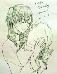  1girl birthday blush bouquet character_name chinese_clothes closed_eyes d.gray-man earrings english_text eyelashes facing_object facing_to_the_side flower graphite_(medium) green_theme hair_between_eyes hair_over_shoulder hair_ribbon happy_birthday heart holding holding_bouquet holding_flower izuki_(iz_5221) jewelry lenalee_lee lips long_hair long_sleeves mandarin_collar parted_lips ribbon shirt sidelocks simple_background smile solo striped_clothes striped_shirt stud_earrings traditional_media turtleneck turtleneck_shirt two_side_up vertical-striped_clothes vertical-striped_shirt white_background wide_sleeves 