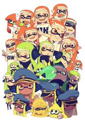  3girls ^^^ absurdres agent_3_(splatoon) behind-the-head_headphones black_jacket blonde_hair blue_hat captain_3_(splatoon) chibi chibi_inset closed_eyes colored_tongue commentary_request dark-skinned_female dark_skin dual_persona fangs green_hair green_tongue hat headphones high-visibility_clothing high-visibility_vest highres holding holding_weapon inkling inkling_(swim_form) inkling_girl inkling_player_character jacket long_hair multiple_expressions multiple_girls multiple_views open_mouth orange_eyes orange_hair orange_tongue peaked_cap pointy_ears shaded_face shirt short_sleeves simple_background sleepy smile splatoon_(series) splatoon_1 splatoon_2 splatoon_2:_octo_expansion splatoon_3 splattershot_(splatoon) squeans t-shirt tearing_up tentacle_hair twintails v v-shaped_eyebrows weapon white_background white_shirt zendoundo 