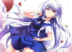  1girl \||/ absurdres black_bow black_bowtie blue_dress blue_hair bow bowtie closed_mouth commentary cowboy_shot dress dutch_angle eyes_visible_through_hair falling_petals floating_hair from_below grisaia_(series) grisaia_no_kajitsu hair_between_eyes hand_on_own_hip hand_up highres kazami_kazuki long_hair looking_at_viewer petals pinafore_dress red_eyes red_petals shirt short_sleeves simple_background sleeveless sleeveless_dress smile smug solo split_mouth sukonbu385 v-shaped_eyebrows very_long_hair watermark white_background white_shirt 