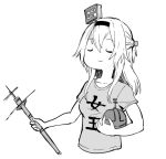  1girl alternate_costume braid breasts closed_eyes collarbone commentary french_braid globus_cruciger greyscale hair_between_eyes hairband kantai_collection long_hair monochrome scepter shirt short_sleeves simple_background smile solo t-shirt takatsuki_nato translated uniqlo upper_body warspite_(kantai_collection) white_background 