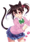  1girl animal_ears bangs black_hair blush bow bowtie cardigan cat_ears cat_tail commentary_request cover cover_page cowboy_shot doujin_cover fang green_bow green_bowtie hair_between_eyes hair_bow kemonomimi_mode leaning_forward love_live! love_live!_school_idol_project miniskirt open_mouth paw_pose paw_print pink_sweater plaid plaid_skirt pleated_skirt red_bow red_eyes sen&#039;yuu_yuuji skirt solo striped striped_bow striped_bowtie sweater tail twintails yazawa_nico 