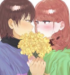  2others blue_sweater blush brown_hair chara_(undertale) closed_mouth commentary_request frisk_(undertale) golden_flower_(undertale) green_sweater heart_soma highres looking_at_another multiple_others purple_sweater short_hair simple_background smile striped_clothes striped_sweater sweater tagme two-tone_sweater undertale utdr_(toby_fox) yellow_eyes yellow_sweater 