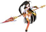  1girl ara_han armpits black_hair detached_sleeves dress elsword full_body hair_ornament hair_ribbon high_ponytail holding holding_weapon long_hair looking_at_viewer official_art one_leg_raised open_mouth orange_eyes outstretched_arm polearm ribbon solo thigh-highs transparent_background weapon white_legwear white_ribbon 