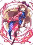  1girl american_flag_dress american_flag_legwear blonde_hair clownpiece dress fire full_body hat highres jester_cap long_hair looking_at_viewer neck_ruff pantyhose pink_eyes polka_dot reiga_(act000) short_dress short_sleeves simple_background sketch solo star star_print striped torch touhou very_long_hair white_background 