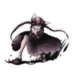  1girl alpha_transparency biting biting_finger braid dangan_ronpa dangan_ronpa_1 divine_gate fukawa_touko full_body glasses lavender_eyes long_hair long_skirt mary_janes neckerchief official_art one_knee purple_hair school_uniform serafuku shadow shoes skirt socks solo sweat thumb_biting transparent_background twin_braids twintails ucmm 