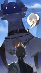  2boys arm_up armor black_coat black_collar black_gloves black_hair black_shirt blue_sky blush caelus_(honkai:_star_rail) capelet chinese_clothes chinese_commentary closed_eyes clouds cloudy_sky coat collar colored_skin commentary_request dan_heng_(honkai:_star_rail) dan_heng_(permansor_terrae)_(honkai:_star_rail) day dragon_boy dragon_horns dromas_(honkai:_star_rail) fingerless_gloves flower from_behind gloves grey_hair hair_between_eyes hair_ornament highres honkai:_star_rail honkai_(series) hood hooded_coat horns judyfang5 lapels laurel_crown long_hair long_sleeves low_ponytail multiple_boys official_alternate_costume official_alternate_hairstyle open_clothes open_coat open_mouth outdoors pink_flower pointy_ears ponytail purple_skin saddle shirt short_hair shoulder_armor sitting sky smile speech_bubble spoken_character sweat t-shirt trailblazer_(honkai:_star_rail) two-sided_coat two-sided_fabric upper_body v-shaped_eyebrows white_capelet white_coat white_shirt yellow_coat 
