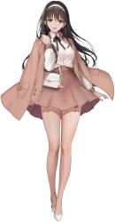  1girl bag black_hair black_ribbon blinking bouncing_breasts breasts brown_coat brown_skirt coat coat_on_shoulders collared_shirt diesel_(nikke) diesel_(strawberry_flower)_(nikke) dramz floating_hair goddess_of_victory:_nikke hairband handbag high-waist_skirt large_breasts long_hair long_sleeves looking_at_viewer multiple_views neck_ribbon official_alternate_costume open_mouth ribbon shirt shoes skirt standing thighs white_hairband white_shirt white_shoes 