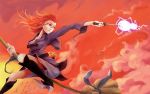  1girl belt boots breasts broom broom_riding cape cleavage clouds glasses highres hood hood_down little_witch_academia long_hair lv_11 red_eyes redhead shiny_chariot skirt sky solo spoilers twilight ursula_(little_witch_academia) wand witch 