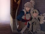  1boy 1girl armor bow_(weapon) cape female_my_unit_(fire_emblem_if) fire_emblem fire_emblem_if headband hiding holding holding_weapon my_unit_(fire_emblem_if) pointy_ears ponytail red_eyes silver_hair takumi_(fire_emblem_if) wall weapon 