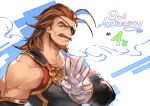  1boy anniversary brown_hair countdown eugene_(granblue_fantasy) eyepatch facial_hair gloves granblue_fantasy green_eyes highres long_hair looking_at_viewer male_focus minaba_hideo muscle mustache official_art simple_background smile solo upper_body white_background white_gloves 