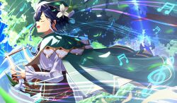  1boy absurdres beamed_sixteenth_notes blue_hair braid cape capelet closed_eyes collared_cape commentary_request day eighth_note eiryu33 flower from_side genshin_impact gradient_hair green_cape green_capelet green_hat hair_flower hair_ornament hat highres instrument long_sleeves lyre multicolored_hair music musical_note open_mouth outdoors playing_instrument short_hair_with_long_locks sixteenth_note solo tree twin_braids upper_body venti_(genshin_impact) white_flower 