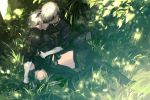  1boy 1girl android black_clothes blindfold boots breasts choker dress en_(enxxx) gloves grass hetero high_heels hug lying lying_on_lap nier_(series) nier_automata on_back outdoors pale_skin short_hair sitting sword thigh-highs thigh_boots tree weapon white_hair yorha_no._2_type_b yorha_no._9_type_s 