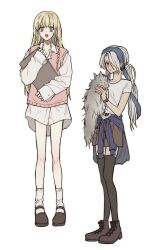  2girls animal ankle_socks archived_source asymmetrical_bangs black_shoes black_thighhighs blonde_hair blue_eyes blue_hair blue_jacket blue_sleeves blush braid bright_pupils brown_shorts buttoned_cuffs buttons cat clothes_around_waist collarbone crew_neck cross-laced_shoes dress_shirt dress_shorts fashion folder full_body grey_cat grey_eyes grey_fur grey_hair grey_tail hair_over_one_eye highres holding holding_animal holding_cat holding_folder honey3apple jacket jacket_around_waist jewelry knee_blush leather_footwear legs_apart long_hair long_shirt long_sleeves looking_at_viewer loose_socks low-braided_long_hair low-tied_long_hair low_twintails mary_janes multiple_girls nayatrei necklace nexon one_eye_covered parted_bangs parted_hair parted_lips pigeon-toed pink_sweater_vest shirt shoes short_sleeves shorts sleeve_cuffs sleeves_past_wrists socks standing sweater_vest t-shirt tales_weaver teeth thigh-highs tichiel_juspian tied_sleeves twin_braids twintails upper_teeth_only watch watch white_pupils white_shirt white_socks 