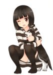  1girl akemiho_tabi_nikki black_hair dog fukube_tamaki kouno_hikaru one_eye_closed panties red_eyes short_hair simple_background solo thigh-highs underwear 