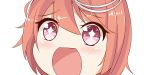  +_+ 1girl close-up eyebrows_visible_through_hair hair_between_eyes hair_ornament i-58_(kantai_collection) kantai_collection looking_at_viewer no_nose open_mouth pink_eyes pink_hair short_hair simple_background sin-poi solo sparkling_eyes symbol-shaped_pupils white_background 