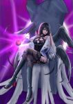  00s black_hair black_wings boots breasts choker dress dungeon_and_fighter female_priest_(dungeon_and_fighter) gloves hand_on_head highres legs_crossed looking_at_viewer mistress_(dungeon_and_fighter) short_hair tattoo thigh-highs thighs violet_eyes wings 