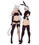  2girls android animal_ears ass blindfold bunny_tail cat_ears cat_tail high_heel_boots high_heels leotard looking_at_viewer midriff multiple_girls mushisotisis navel nier_(series) nier_automata rabbit_ears short_shorts shorts silver_hair tail thigh-highs thigh_boots yorha_no._2_type_b yorha_type_a_no._2 