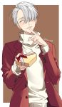  1boy 92_(artist) ^_^ closed_eyes coat finger_to_mouth gift hair_over_one_eye heart-shaped_box highres male_focus silver_hair smile sweater turtleneck turtleneck_sweater twitter_username valentine viktor_nikiforov yuri!!!_on_ice 