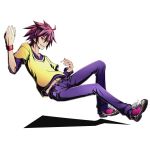  1boy collarbone divine_gate full_body grin groin hair_between_eyes looking_at_viewer navel no_game_no_life official_art pants purple_hair purple_pants purple_shirt red_eyes shadow shirt smile solo sora_(no_game_no_life) spiky_hair transparent_background ucmm wrist_cuffs yellow_shirt 