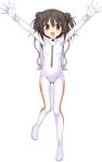  1girl absurdres arms_up bodysuit breasts brown_hair diving_suit double_bun erect_nipples full_body gloves gluteal_fold highres hoshikoi_tinkle korie_riko looking_at_viewer narusegawa_nagi official_art red_eyes solo transparent_background white_gloves 