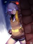  1girl commentary_request dated fingerless_gloves fusion gloves glowing glowing_eyes grey_hair hand_in_pocket highres hood hoodie indoors kemono_friends multicolored multicolored_eyes shoebill_(kemono_friends) short_hair shorts solo standing stregoicavar tsuchinoko_(kemono_friends) 