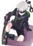  1boy blindfold boots highres kikkaiki looking_at_viewer male_focus nier_(series) nier_automata short_hair smile solo sword weapon white_hair yorha_no._9_type_s 