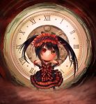  1girl black_hair chibi clock date_a_live dej_(shiori2525) detached_sleeves gothic_lolita hairband hands_on_hips heterochromia highres lolita_fashion lolita_hairband long_hair looking_at_viewer smile solo tokisaki_kurumi 