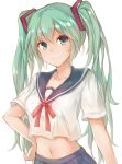  1girl green_eyes green_hair hand_on_hip hatsune_miku long_hair midriff navel smile solo twintails vocaloid white_background 