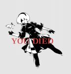  1girl blood blood_from_mouth boots death dress fish fishine food gameplay_mechanics lying nier_(series) nier_automata on_back parody short_hair solo souls_(from_software) thigh-highs thigh_boots yorha_no._2_type_b 