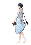  1girl absurdres barefoot black_hair blue_dress blue_eyes book braid character_request copyright_request dress full_body highres holding holding_book luozhou_pile profile skirt_hold solo standing twin_braids 