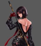  00s 1girl bare_shoulders black_hair chains choker cross dress dungeon_and_fighter female_priest_(dungeon_and_fighter) gloves grey_background highres lips looking_at_viewer mistress_(dungeon_and_fighter) open_mouth short_hair solo violet_eyes 