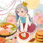  1girl ahoge birthday blue_bow blue_bowtie blue_hair bouquet bow bowtie cake colis commentary_request confetti crown cupcake cutting_board dress drooling flower food fruit gift grey_eyes grey_hair grey_legwear hair_between_eyes hamburger happy_birthday heart kantai_collection kiyoshimo_(kantai_collection) long_hair long_sleeves low_twintails macaron mini_crown multicolored_hair no_shoes open_mouth pantyhose shirt simple_background sitting sleeveless sleeveless_dress solo strawberry streamers sushi twintails twitter_username very_long_hair wariza white_background white_shirt 