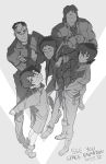  1girl 4boys arms_behind_back glasses grey_hair highres hunk_(voltron) hyakujuu-ou_golion keith_(voltron) lance_(voltron) looking_at_viewer looking_up monochrome multicolored_hair multiple_boys pidge_gunderson scar smile steve_ahn takashi_shirogane two-tone_hair voltron:_legendary_defender 
