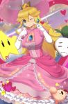  1girl blonde_hair blue_eyes breasts dress earrings heart heart-shaped_pupils highres jewelry looking_at_viewer magister_(medical_whiskey) super_mario_bros. medium_breasts one_eye_closed pink_dress princess_peach smile solo starman_(mario) super_mario_bros. symbol-shaped_pupils umbrella 