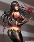  1girl ass badcompzero bare_shoulders black_hair blood breasts bridal_gauntlets butt_crack claws green_eyes grin long_hair looking_at_viewer looking_back marvel o-ring_belt pants smile solo thighs tight tight_pants x-23 x-men 