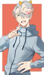  1boy 92_(artist) blue_eyes character_mask fangs finger_to_cheek hair_over_one_eye hand_on_hip heart heart_in_mouth highres jacket jewelry male_focus mask oni_horns open_mouth ring setsubun silver_hair smile track_jacket viktor_nikiforov yuri!!!_on_ice 