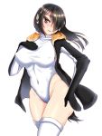 1girl black_hair blush breasts brown_eyes covered_navel emperor_penguin_(kemono_friends) erect_nipples hair_over_one_eye headphones heart-shaped_pupils highleg highleg_leotard highres jacket kemono_friends large_breasts leotard long_hair looking_at_viewer multicolored_hair open_clothes orange_hair parted_lips solo standing symbol-shaped_pupils thigh-highs white_legwear white_leotard zeramu 