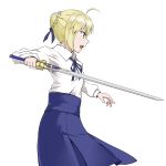  &gt;:o 1girl :o ahoge blonde_hair blue_ribbon blue_skirt collared_shirt cowboy_shot excalibur fate/stay_night fate_(series) from_side hair_ribbon high-waist_skirt highres holding holding_sword holding_weapon neck_ribbon open_mouth profile ribbon saber shirt short_hair skirt solo sword tatsu_(tanishi_24) weapon white_shirt yellow_eyes 