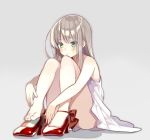  1girl bangs bare_legs bare_shoulders barefoot blush dress eyebrows_visible_through_hair green_eyes grey_background leg_hug long_hair original red_shoes shigure_ui shoe_removed shoes silver_hair simple_background single_shoe sitting solo toes white_dress 