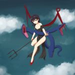  alternate_costume alternate_wings anime_coloring asymmetrical_hair asymmetrical_wings black_dress black_hair clouds dress floating high_heels highres holding holding_weapon houjuu_nue jean0503 looking_at_viewer polearm red_eyes red_shoes shoes short_hair sky snake touhou trident weapon wings 