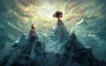  2017 absurdres anatofinnstark artist_name brown_hat cabin chimney cloak clouds cloudy_sky commentary day facing_away fantasy fog hat highres holding holding_staff house landscape light mountain original outdoors red_cloak sky smoke snow solo sparks staff standing straw_hat sunlight torn_cloak torn_clothes tree wind window 