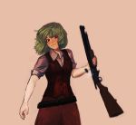  1girl ammunition_belt arm_at_side belt buttons collared_shirt cowboy_shot expressionless green_hair gun highres holding holding_gun holding_weapon kazami_yuuka looking_at_viewer motion_blur p!_(flaschenstrahlinge) pants red_eyes reloading shirt short_sleeves shotgun shotgun_shells simple_background solo touhou vest weapon wing_collar 