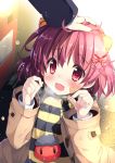  1girl bandage_on_face black_scarf blush bow eyebrows_visible_through_hair fangs hair_bow looking_at_another open_mouth original petting red_bow red_eyes redhead scarf shimesaba_kohada short_hair smile solo striped striped_scarf tearing_up yellow_scarf 
