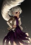  1girl black_background covering_mouth dress feathered_wings jacket kishin_sagume long_sleeves open_clothes open_jacket purple_dress red_eyes single_wing solo suna_(s73d) touhou white_hair white_wings wings 