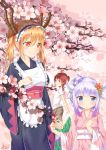  absurdres alternate_hairstyle blonde_hair blue_eyes brown_eyes cherry_blossoms cyta_celest dragon_girl dragon_horns dragon_tail glasses hair_ornament highres horns japanese_clothes kanna_kamui kimono kobayashi-san_chi_no_maidragon kobayashi_(maidragon) lavender_hair long_hair maid_headdress obi orange_eyes ponytail redhead sash slit_pupils smile tail tooru_(maidragon) twintails wa_maid yukata 