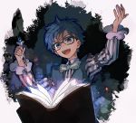  &gt;:d 1boy :d arm_garter arm_up blue_eyes blue_hair blue_vest book bow bowtie character_request collared_shirt fate/grand_order fate_(series) frilled_sleeves frills glasses green_bow green_bowtie laughing long_sleeves me_(mikannu) open_mouth pen shirt smile solo striped striped_shirt vest 