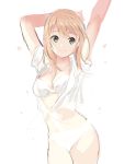 1girl arms_up blonde_hair breasts character_request cleavage contrapposto copyright_request green_eyes long_hair looking_at_viewer open_clothes open_shirt raised_eyebrows shirt sketch smile solo stretch tied_shirt weee_(raemz) white_background 
