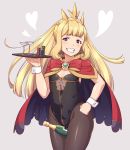  1girl adapted_costume ao_banana bangs between_thighs black_legwear black_leotard blonde_hair blush bottle breasts bunnysuit cagliostro_(granblue_fantasy) cape cowboy_shot crown cup drinking_glass granblue_fantasy grin hairband hand_on_hip heart highleg highleg_leotard highres holding holding_tray leotard long_hair looking_at_viewer pantyhose poker_chip sidelocks small_breasts smile solo tray violet_eyes wine_bottle wine_glass wrist_cuffs 