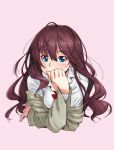  1girl blue_eyes blush covering_mouth hand_over_own_mouth highres ichinose_shiki idolmaster idolmaster_cinderella_girls kazuma_muramasa long_hair looking_at_viewer pink_background redhead simple_background sketch solo upper_body 